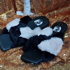VHNY Knotted Black and Cream Fur Slippers
